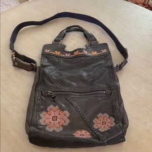Vintage Lucky Brand Black Leather Crossbody Bag with Embroidery